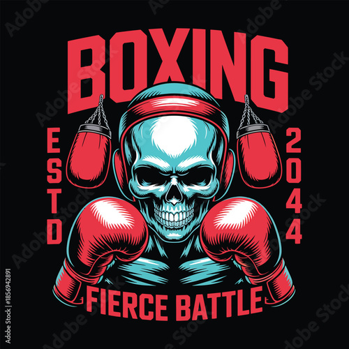 Boxing Skull Illustration with Red Gloves and Fierce Battle Typography