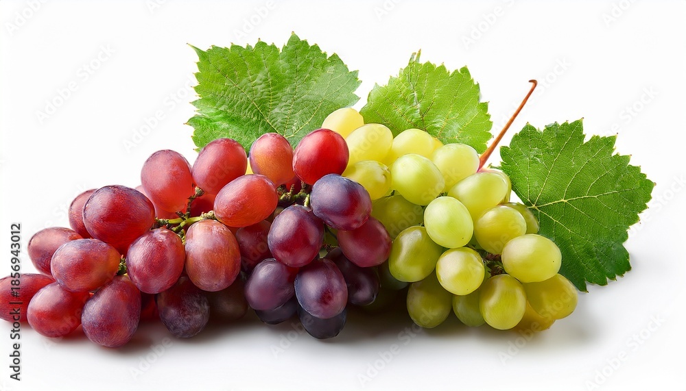 Fototapeta premium bunch of red and green grapes with leaves on white background