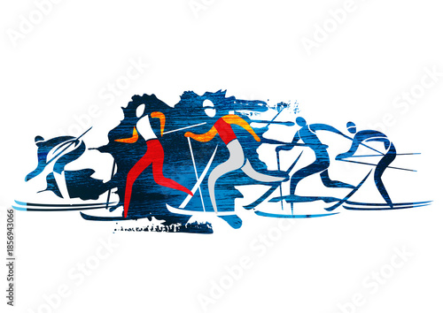 Cross Country Skiers.
A stylized drawing of three cross-country ski competitors. 