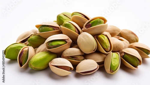 Wallpaper Mural a close up view of a pile of pistachios with shells open and green nuts visible on white background Torontodigital.ca