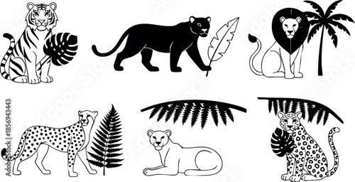 Wild big cats collection with tiger panther lion cheetah and leopard silhouettes vector illustration 
