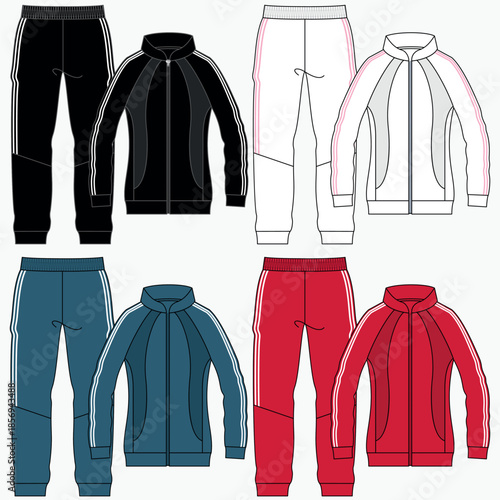 Fashionable tracksuit with pants and jacket featuring color blocks and in some cases decorative elements, fashionable winter designs and stylish everyday wear for ladies, gentlemen, boys and girls.