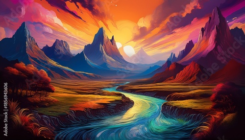 a vast otherworldly landscape showcases towering peaks a meandering stream and vibrant colors against a backdrop of a digital sky