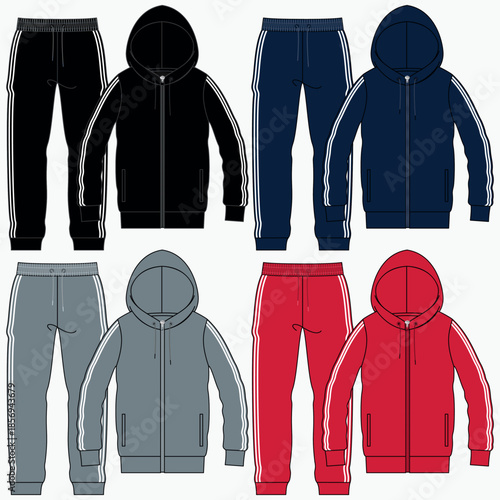 Fashionable tracksuit with pants and jacket featuring color blocks and in some cases decorative elements, fashionable winter designs and stylish everyday wear for ladies, gentlemen, boys and girls.