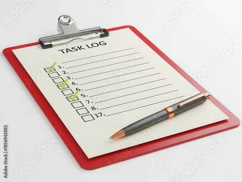 Task log checklist with completed tasks and pen on clipboard