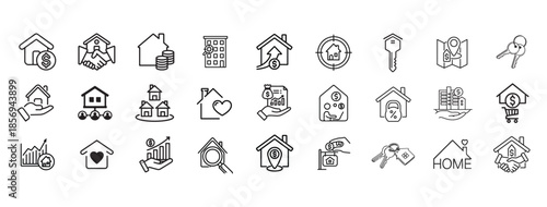 Real Estate Line Icons Set with outline style — Home, House, Property, Mortgage, Rent, Buy, Sell, Outline Vector Pack