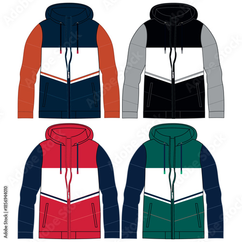 Silhouette of winter jacket sets, with cuts and volume, hood and some decorative elements for both ladies and gentlemen, boys and girls fashion.