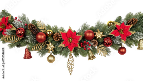 Festive holiday garland with red poinsettias and gold ornaments isolated on transparent background