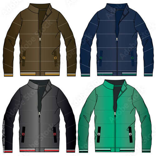 Silhouette of winter jacket sets, with cuts and volume, hood and some decorative elements for both ladies and gentlemen, boys and girls fashion.