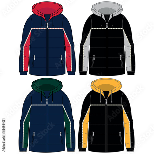 Silhouette of winter jacket sets, with cuts and volume, hood and some decorative elements for both ladies and gentlemen, boys and girls fashion.