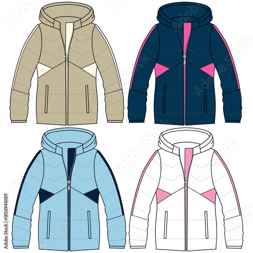 Silhouette of winter jacket sets, with cuts and volume, hood and some decorative elements for both ladies and gentlemen, boys and girls fashion.