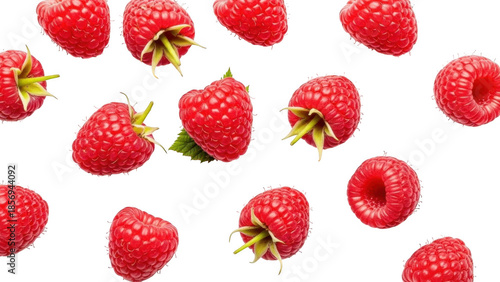 Fresh raspberries scattered on white background isolated on transparent background