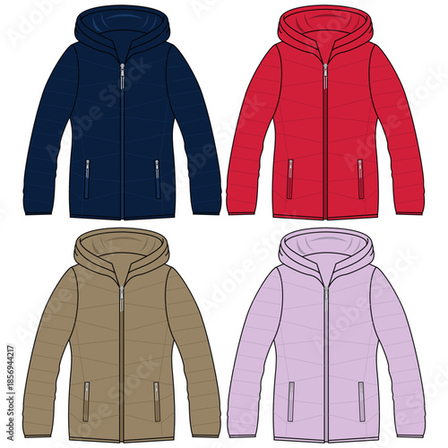 Silhouette of winter jacket sets, with cuts and volume, hood and some decorative elements for both ladies and gentlemen, boys and girls fashion.