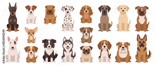 An array of cartoon dog breeds sitting upright, showcasing diverse appearances and colors.