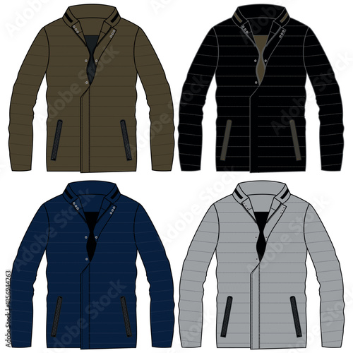 Silhouette of winter jacket sets, with cuts and volume, hood and some decorative elements for both ladies and gentlemen, boys and girls fashion.