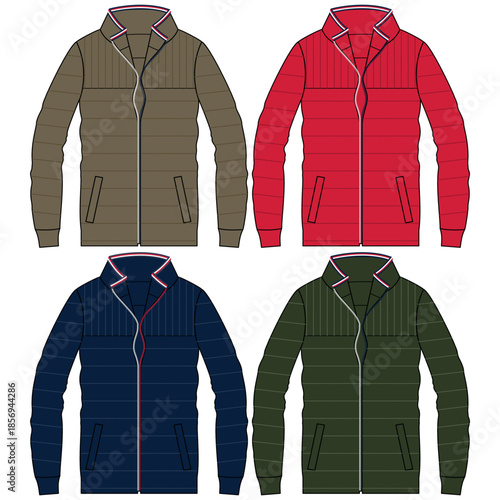 Silhouette of winter jacket sets, with cuts and volume, hood and some decorative elements for both ladies and gentlemen, boys and girls fashion.