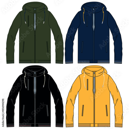 Silhouette of winter jacket sets, with cuts and volume, hood and some decorative elements for both ladies and gentlemen, boys and girls fashion.