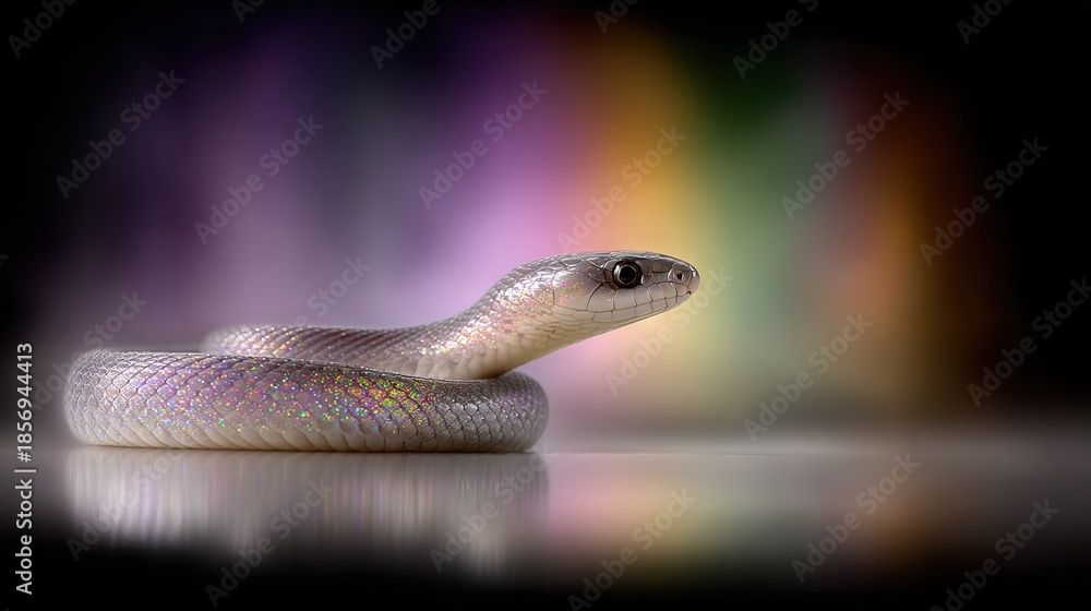 Fototapeta premium A white snake perched atop a table, nestled beside a vibrant rainbow backdrop and mirrored reflection of its head