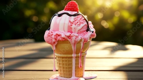 Delicious melting ice cream cone with raspberry topping