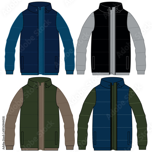 Silhouette of winter jacket sets, with cuts and volume, hood and some decorative elements for both ladies and gentlemen, boys and girls fashion.