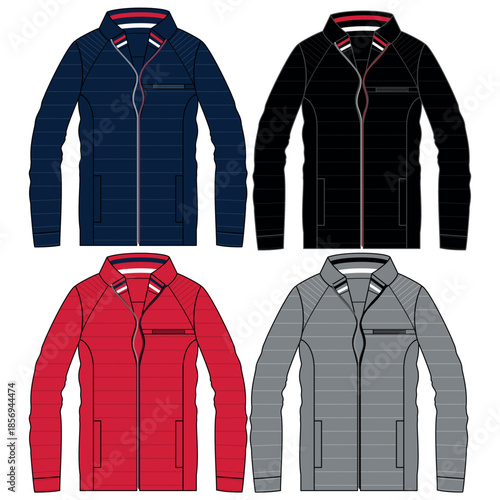 Silhouette of winter jacket sets, with cuts and volume, hood and some decorative elements for both ladies and gentlemen, boys and girls fashion.