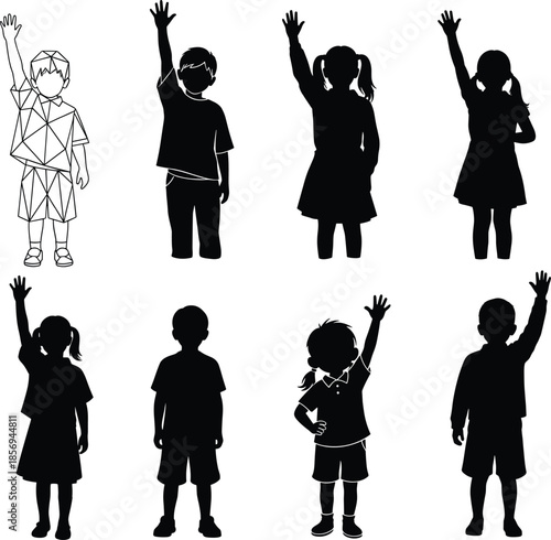 Stylized children raising hand illustrations, black and white silhouette art, geometric individuality concept, participation pose, group selection design