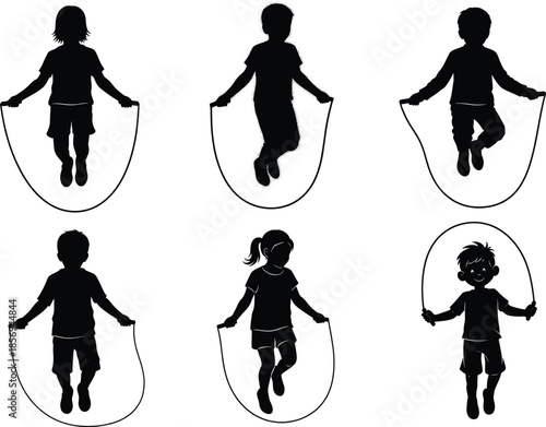 Stylized children jumping rope illustrations, black silhouette art, playful movement, physical activity concept, coordination and fitness pose design