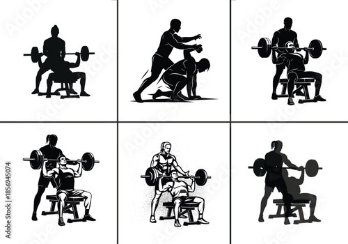 Stylized bench press illustrations, gym workout silhouette art, black and white fitness poses, spotter support, strength training safety concept
