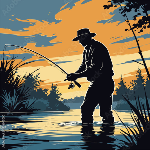 silhouette vector image of a fisherman against a sunset background