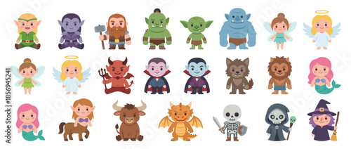 Cartoon collection of fantasy creatures including elves, fairies, monsters, and mythological beings.