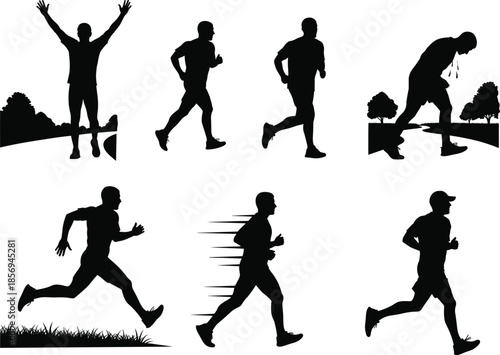 Stylized running silhouette illustrations, athletic motion poses, black and white fitness art, sprinting, jogging, exhaustion, victory, training concept
