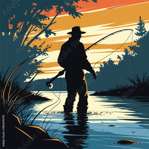 silhouette vector image of a fisherman against a sunset background
