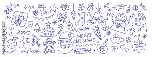A set of Christmas and New Year's doodles drawn with ballpoint pen for card design. Flat doodle style. Vector illustration.