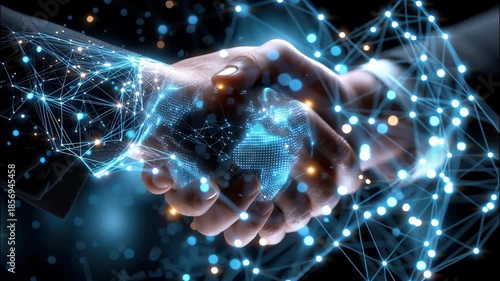 Two hands shaking, forming a digital world map a network of glowing lines, representing partnership global and technology video 4k