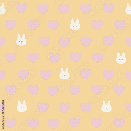 Retro Seamless pattern with cute bunny heads and pink pastel hearts on yellow pastel background.  Sweet and mild design for baby or kids.