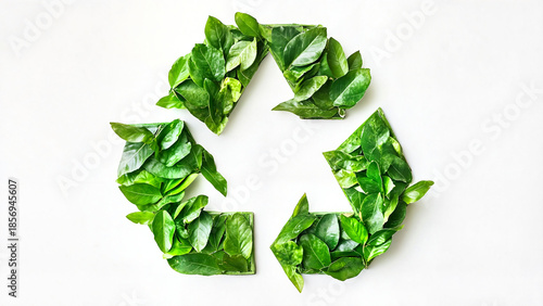 Green leaves arranged in a recycling symbol on a white background, nature protection conceeco concept, green peace,  nature protection blogs, eco friendly web, recycling compaigns, ecolo, clean planet
