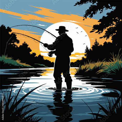 silhouette vector image of a fisherman against a sunset background
