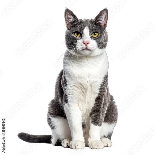 A focused gray and white tuxedo cat with striking yellow eyes sits against a solid black background.
