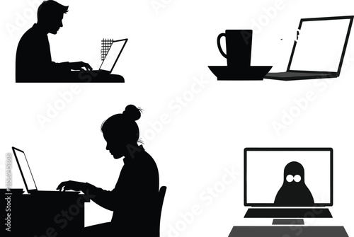 Black and white laptop silhouettes, remote work concept, digital workspace, virtual meeting, coffee break, minimalist design, online interaction scenes