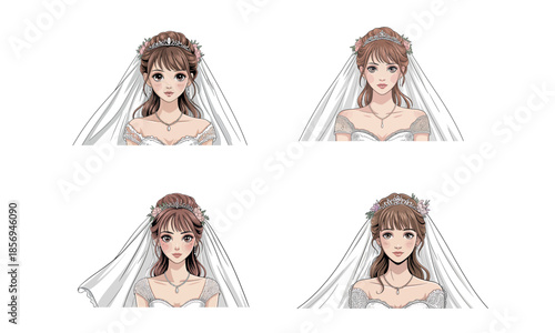 Beautiful bride woman portrait with wedding veil illustration
