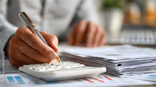 Wallpaper Mural White calculator is on financial documents on the office desk, with an accountant taking notes, emphasizing accounting, finance, and tax preparation, close up. Audit and taxes concept Torontodigital.ca