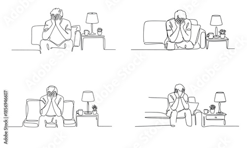 Sad man sitting alone on sofa depression concept illustration
