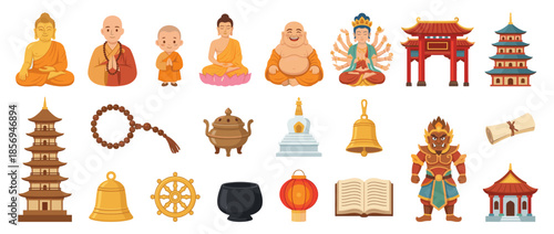 Collection of Buddhist figures, buildings, and religious objects in cartoon style.