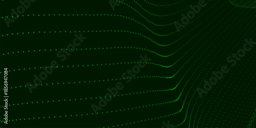 Futuristic dot wave. Abstract digital particle wave. Technology background. Colored musical wave. Dark background. Digital background with smooth, wavy curves. 3D vector illustration
