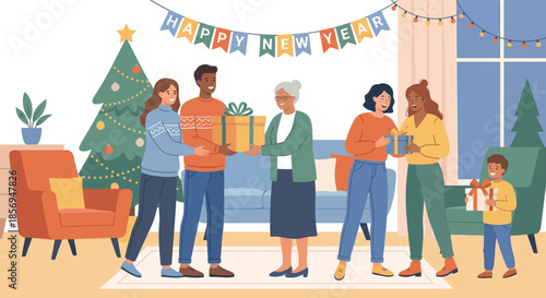 Happy multi-generational family group exchanging gifts in cozy living room interior decorated with Christmas tree lights and happy new year banner flag garland celebration scene.