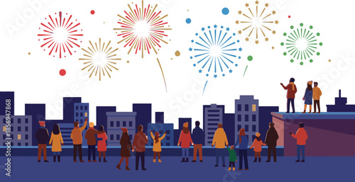 Happy new year celebration with crowd of people watching colorful fireworks over city skyline buildings from rooftop party holiday night event urban scene design.
