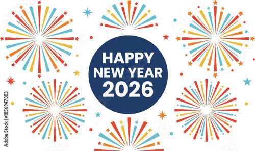 Happy new year 2026 text inside dark blue circle with colorful fireworks explosion stars for holiday celebration party greeting card banner decoration design element.