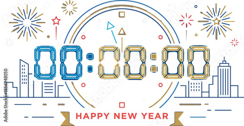 Happy New Year midnight countdown digital clock timer with exploding fireworks over city skyline buildings holiday celebration party banner decoration design concept.