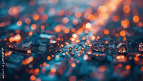 A close-up view of a circuit board with water droplets and orange lights reflecting on its surface