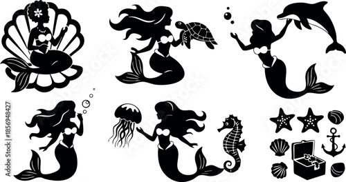 Mermaid silhouettes with sea animals and underwater elements vector illustration black and white 